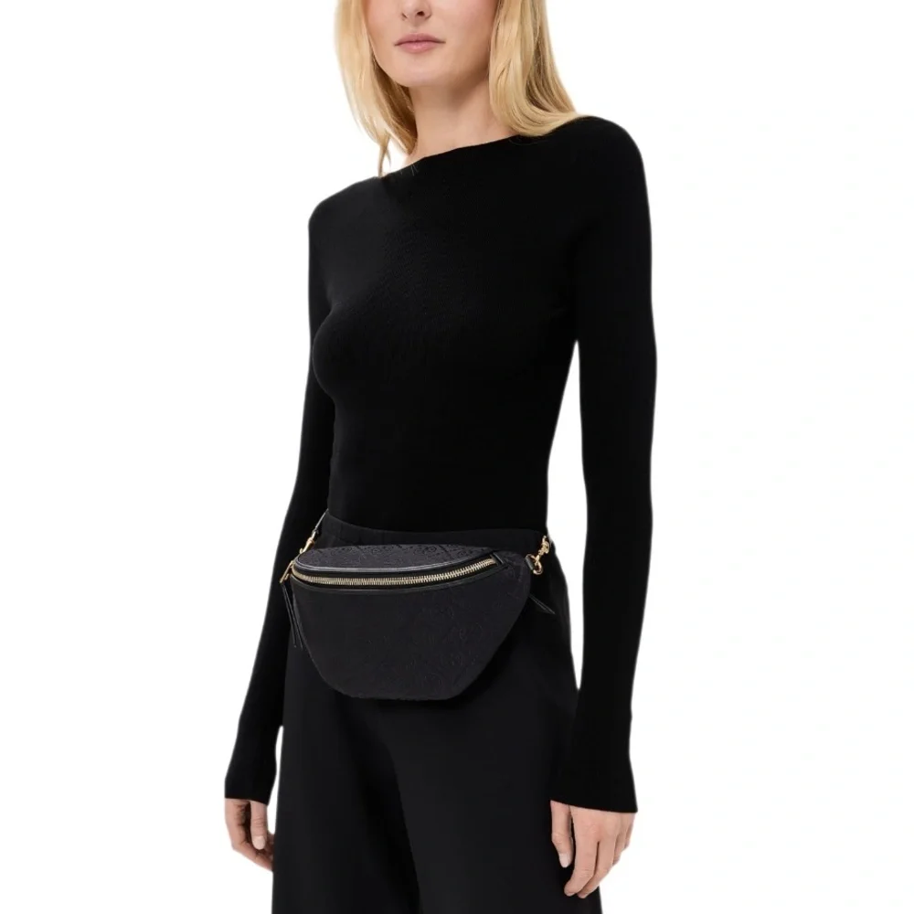 Tory Burch T Monogram Leather Belt Bag Black with gold hardware